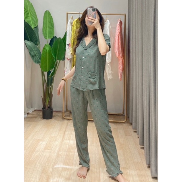 Bộ đồ ngủ , bộ pijama lá hoa xanh nhỏ