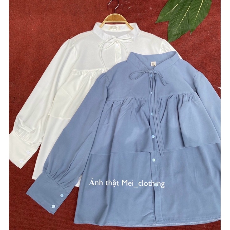 [Ảnh thật/sẵn] Áo sơmi 2 tầng cột nơ cổ/ sơ mi nữ tay bồng