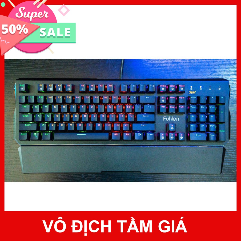 Bàn phím cơ Gaming Fuhlen Destroyer - Vỏ kim loại - Blue switch - Kê tay thào rời - Đèn led 7 màu - BH 24 tháng