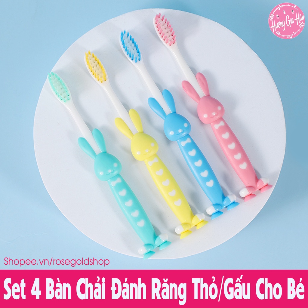 Set 4 Bàn Chải Đánh Răng Xuất Nhật Hình Thỏ, Có Nắp Bảo Vệ Sạch Sẽ Cho Bé Yêu