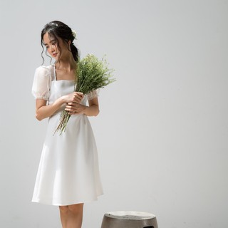 Đầm tay ngắn phối lưới màu trắng edini - d1138
