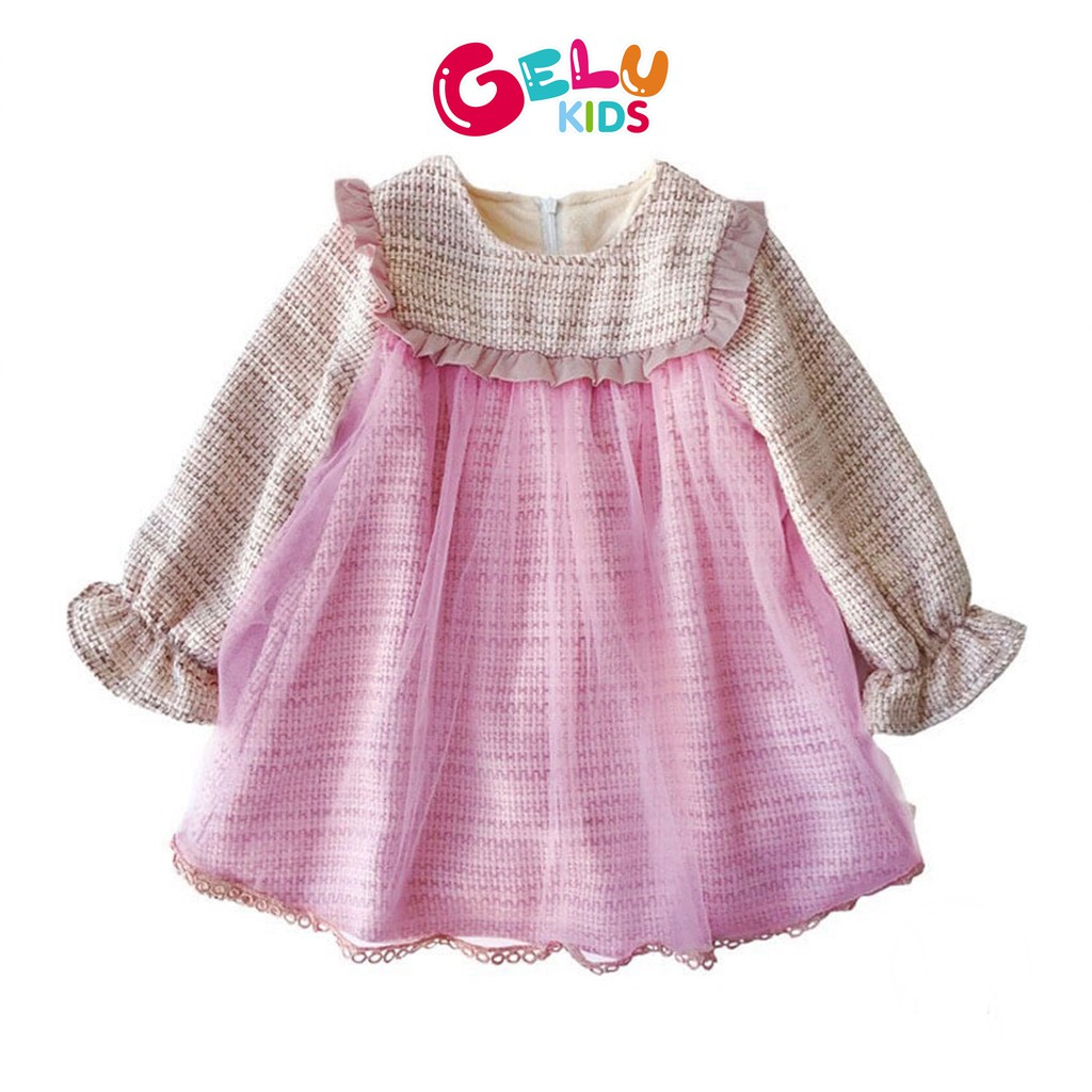 Váy dạ hồng lót lông mix voan GELU dáng babydoll dễ thương cho bé