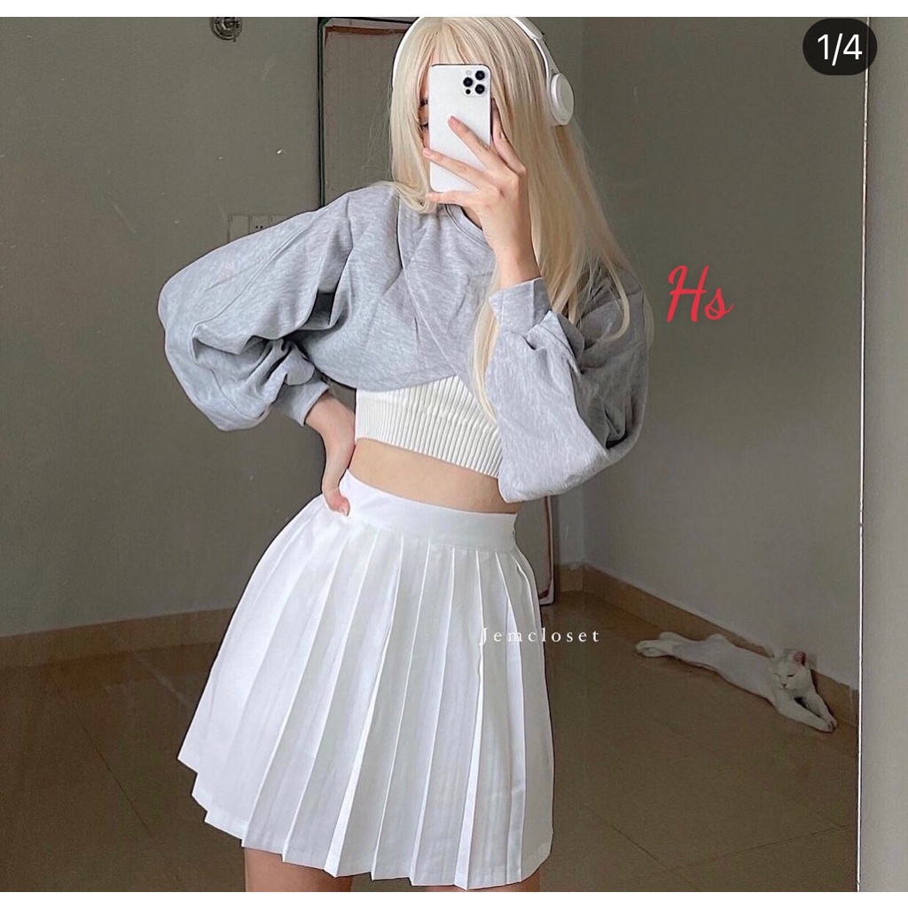 SQ011 Bộ ba món Áo quây ống và áo croptop crt dài tay trắng tay bo thêm quần Jogger ống rộng rút dây cute