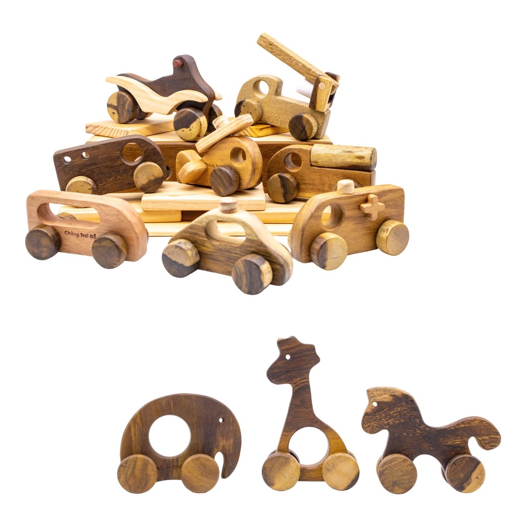 Set Đồ Chơi Xe Gỗ Và Thú Gỗ, Bánh Xe Di Chuyển, 100% Gỗ Tự Nhiên - Đồ Chơi Gỗ Chàng Trai Gỗ