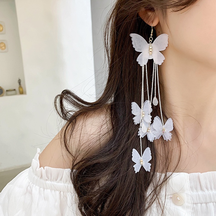 Khuyên Tai Dáng Dài Phối Tua Rua Hình Bướm Phong Cách Hàn Quốc Thời Trang Cho Nữ