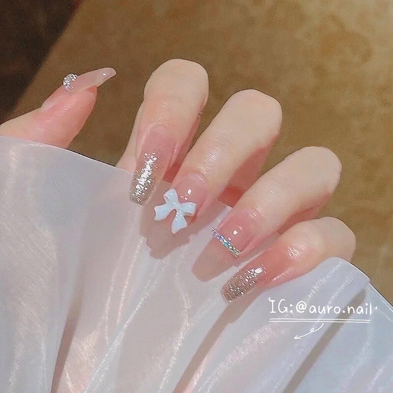 (MUA 5 BỘ BẤT KÌ TẶNG 1 BỘ) Set 24 móng nhũ kim tuyến đính nơ sang chảnh (Tặng keo dán dũa)