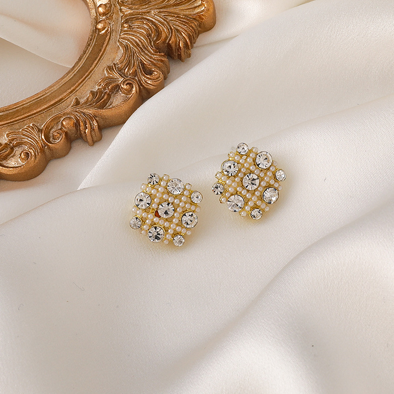 XiaoboACC 925 Silver Needle Korean Fashion Rhinestone Pearl Square Earrings