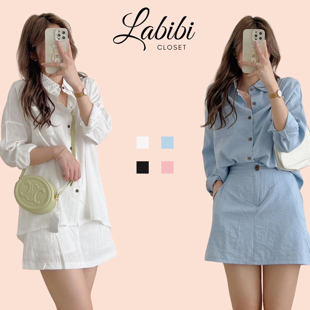 Set Sơ Mi Tay Dài Kèm Chân Váy Nhiều Màu Chất Đũi Thoáng Mát, Labibi