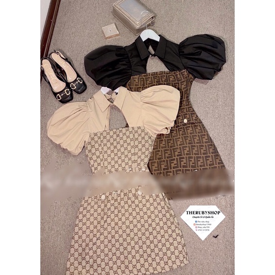 Đầm tay phồng hoạ tiết gu chì và fenđì