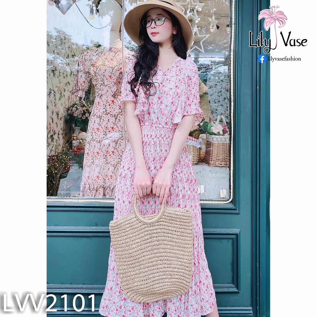 Váy (Đầm) tiểu thư chất voan lụa nhẹ mát họa tiết hoa nhí, cổ tim viền bèo nhấn nhá hàng cúc bọc vải đồng điệu (LVV2101)