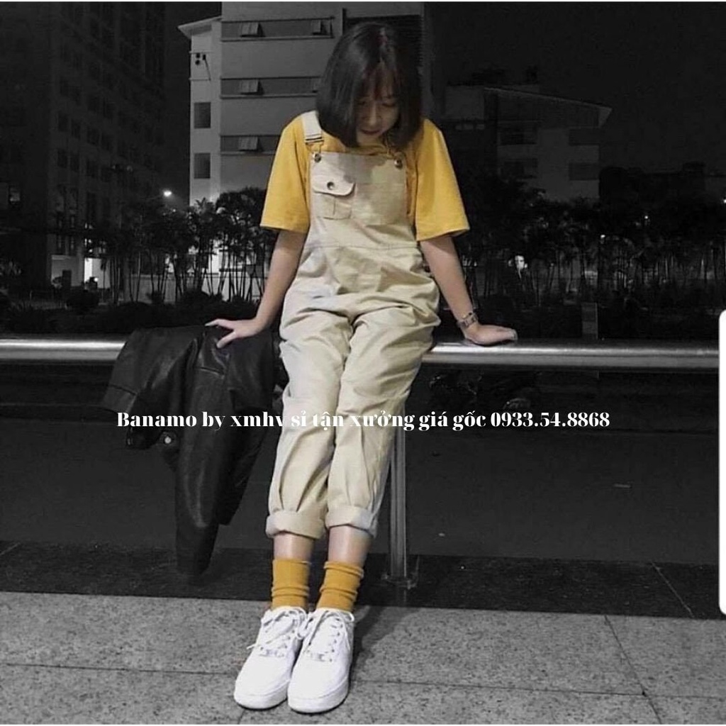 Quần yếm kaki Banamo fashion ống rộng dáng dài phối túi ngực màu be phong cách hàn quốc quần yếm kaki 565