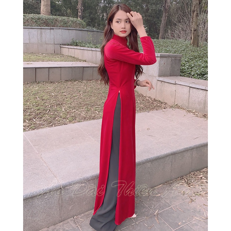 Áo Dài Truyền Thống nữ chất Nhung màu Đỏ Đô dáng xưa may sẵn Thiên An MS:AD05