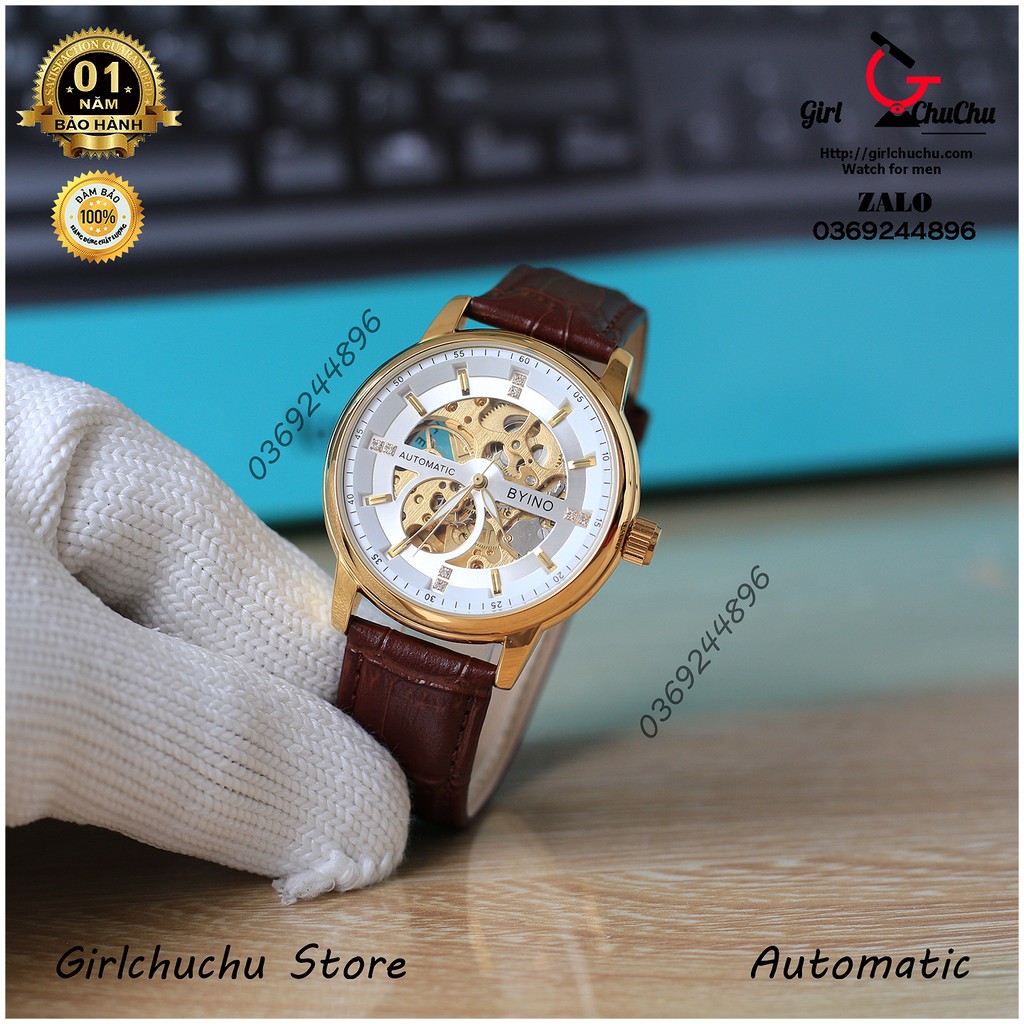 Đồng hồ nam Byino cơ tự động dây da nâu phong cách trẻ trung đẹp mắt, máy lộ cơ nhìn các chi tiết máy cực đẹp mắt