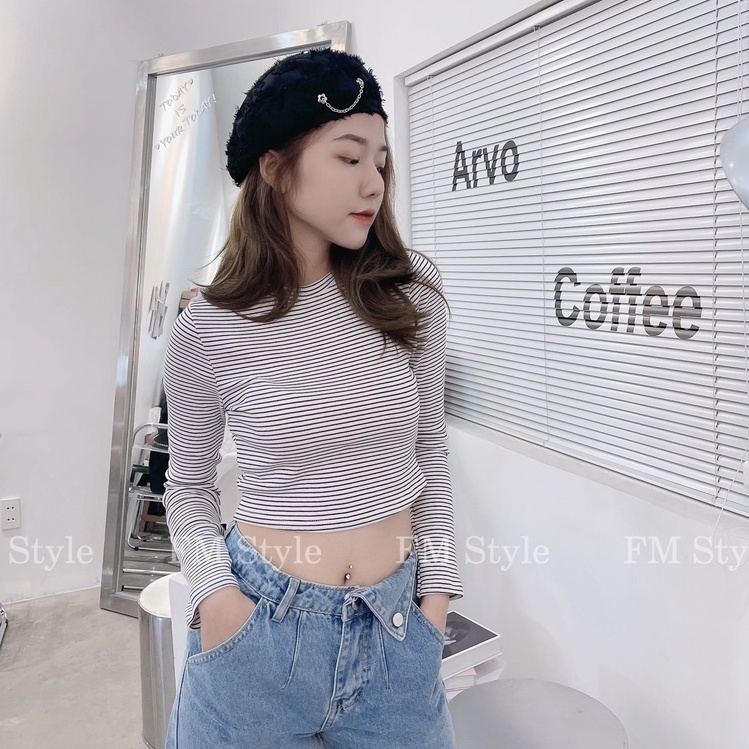 Áo thun nữ tay dài FM Style dáng crotop hoạ tiết sọc ngang siêu xinh thời trang sexy 211129002