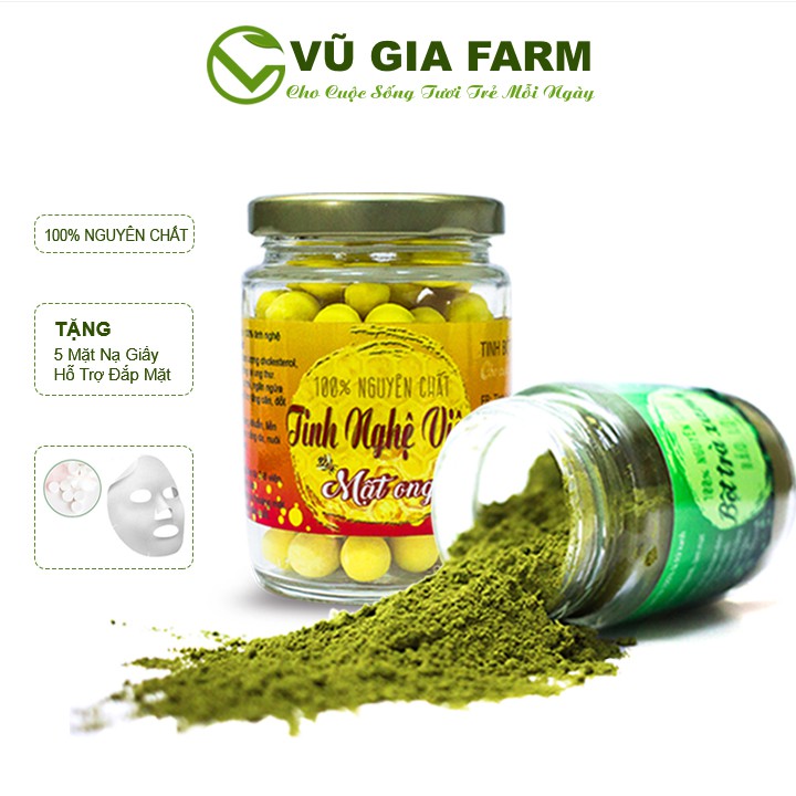 Combo Bột Trà Xanh + Tinh Nghệ Viên Mật Ong - Nguyên Chất Vũ Gia - [100gr-hũ] + Tặng 5 Mặt Nạ Giấy