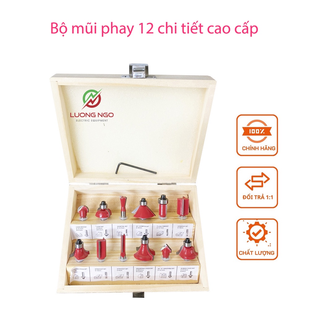 Bộ mũi phay gỗ 15 chi tiết cao - Điêu khắc họa tiết, cắt cạnh, tạo viền hoa văn đẹp mắt cho sản phẩm đồ gỗ nội thất