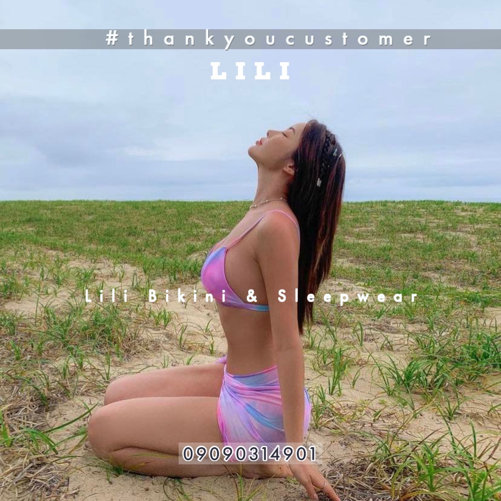 Bộ đồ bơi bikini ba mảnh kèm váy kín đáo màu loang cầu vồng siêu đẹp độc đáo thời trang Hàn Quốc