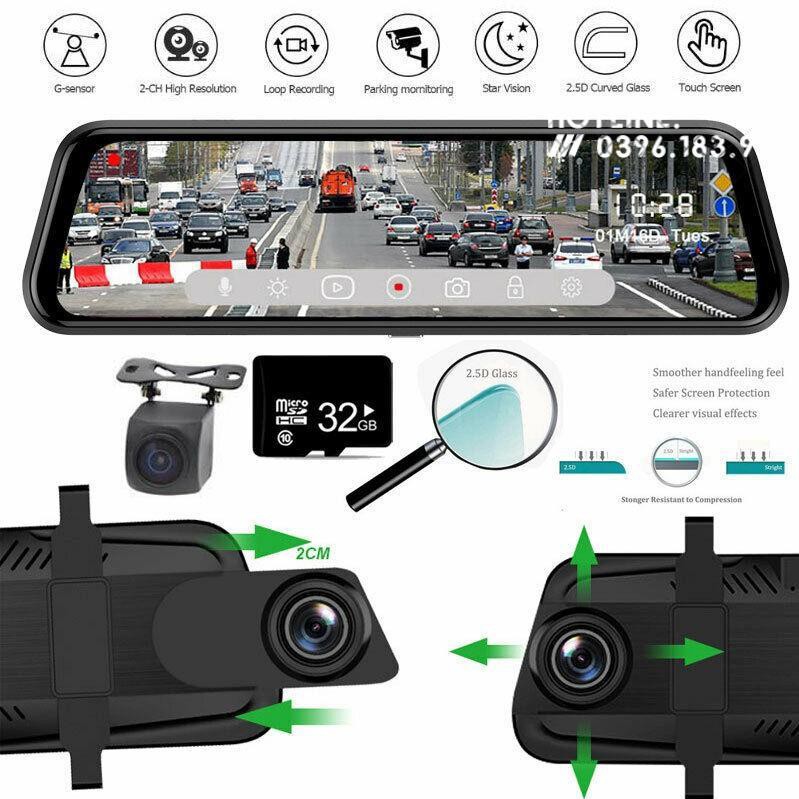 [Giảm giá]  CAMERA HÀNH TRÌNH GƯƠNG 10 INC ANYTEK T12 SIÊU NÉT FULLHD/GPS/ADAS KÈM CAMERA LÙI mới 2020