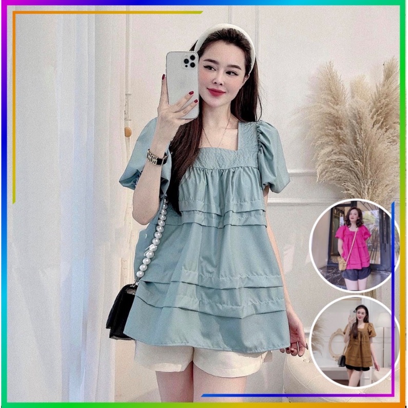 Set đồ nữ áo babydoll cổ vuông mix quần short đùi nữ dáng phồng, Set bộ nữ sang chảnh mặc đi biển siêu Hot