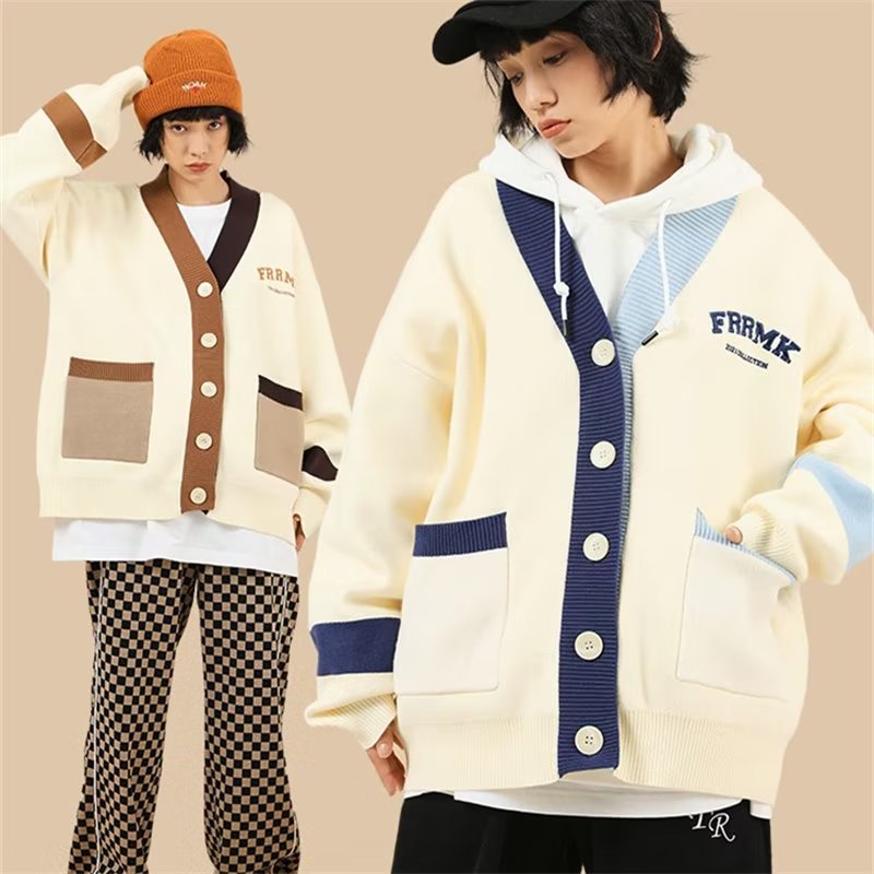 Áo Khoác cardigan Dệt Kim Cổ Chữ V Dáng Rộng Thêu Chữ Màu Khối Thời Trang 2022 Cho Cặp Đôi