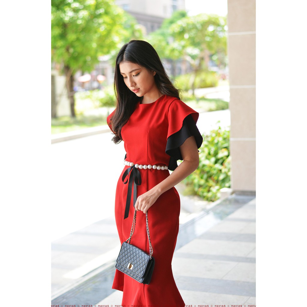 Đầm Cascade Sleeve Pearl Belt mixed Black Red Dress HAVIAS