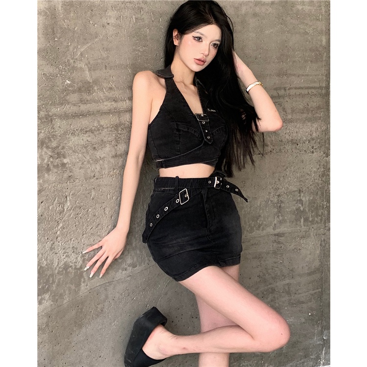 Bộ Áo Denim Ngắn Dáng Ôm Co Giãn + Chân Váy Denim Lưng Cao Phong Cách Hàn Quốc Thời Trang Mùa Hè Mới Cho Nữ