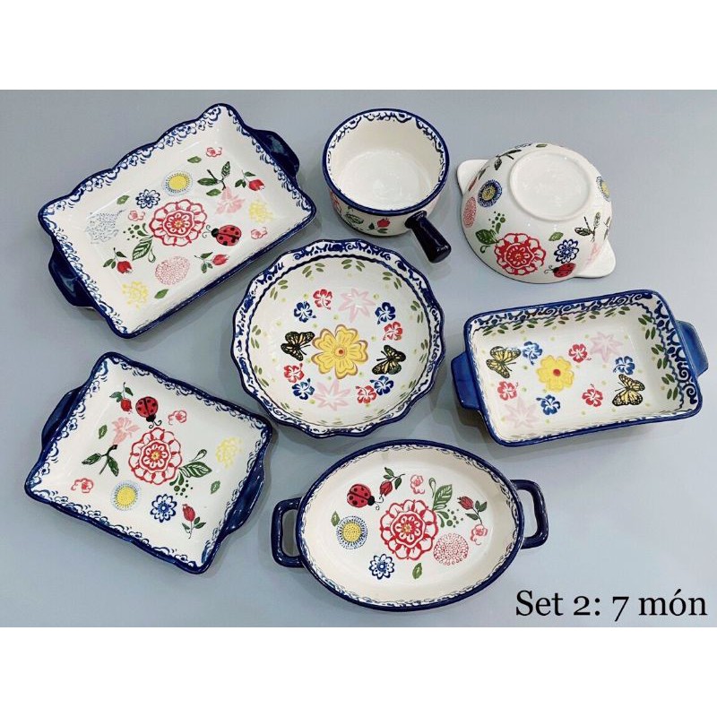 Bộ đồ ăn dùng lò nướng họa tiết Hoa Bướm Vẽ Tây -12 mẫu