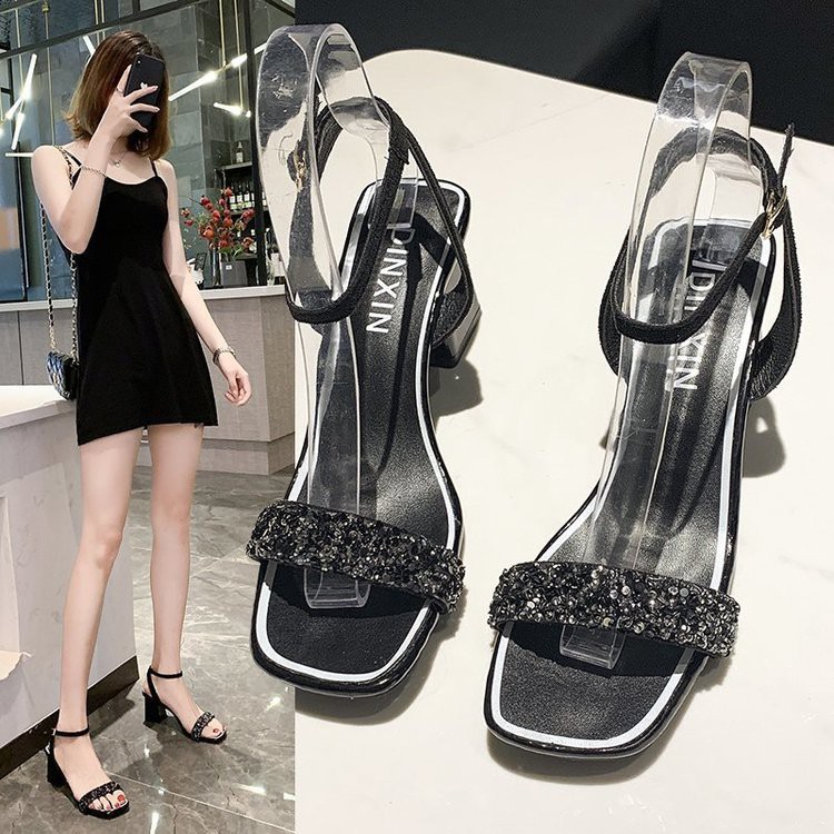 Giày Sandal cao gót vuông 7cm, quai đính đá chất da lộn màu đen siêu sang cho nữ