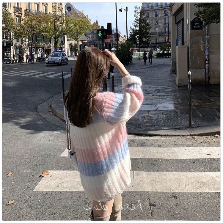 Autumn and winter Korean Rainbow Stripe loose lazy wind sweater Japanese super fairy medium long mohair sweater female