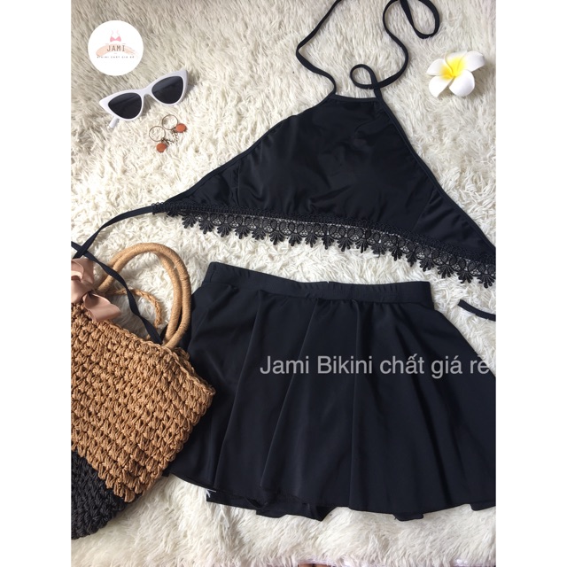 Đồ bơi yếm đen tua rua váy quần cao cấp -JAMI-MM2