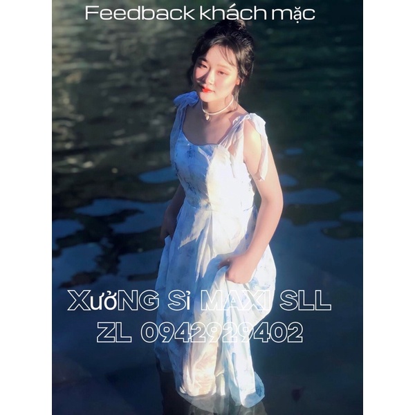 Big size 40-70kg Đầm maxi voan hoa xanh hai dây cột nơ có mút ngực