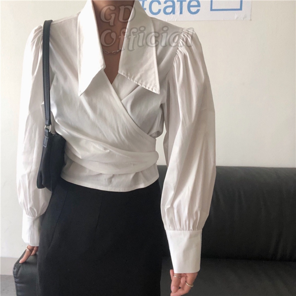 A54|Áo sơ mi nữ thắt lưng eo cá tính hở ngực dáng croptop màu trắng, đen GD Official