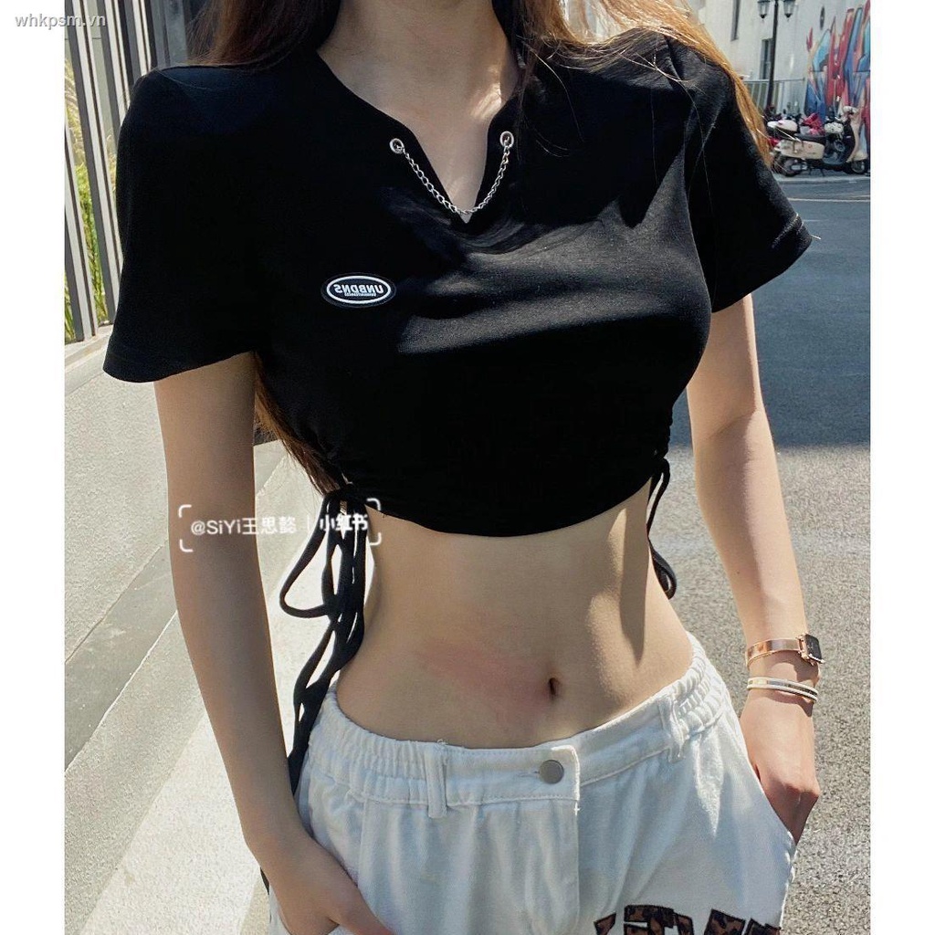 Áo Thun Kiểu Ngắn Phối Dây Buộc Phong Cách Retro Mỹ Thời Trang Cho Nữ