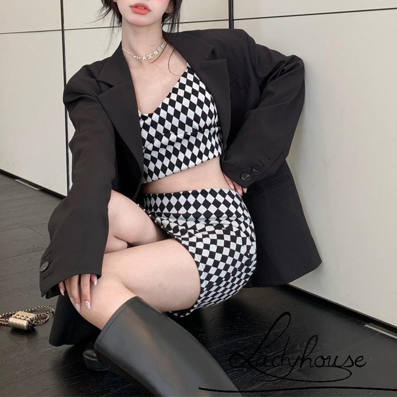 Ld-áo Tank Top + Chân Váy Cotton In Họa Tiết Kẻ Sọc Xẻ Tà Lưng Cao Thời Trang Mùa Hè Cho Nữ