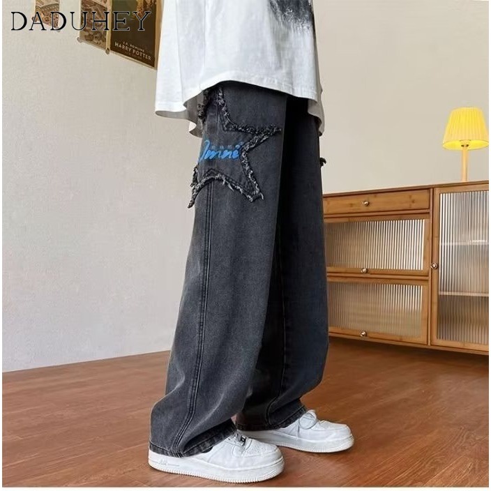 DaDuHey Autumn Thin Trendy Hong Kong Style Ripped Jeans Ins Male Straight Loose Casual Cropped Pants