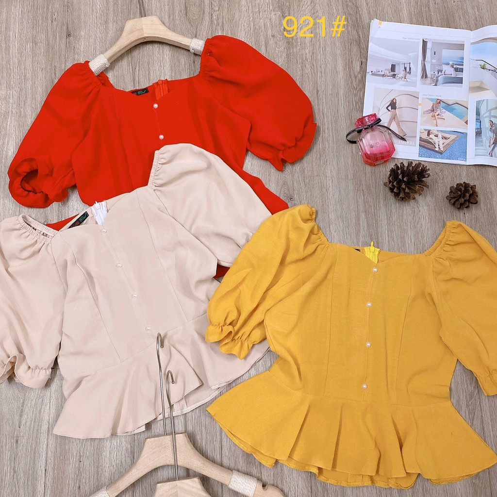 [Mã FAMARAL1 giảm 10K đơn 50K] G44. 921. ÁO BO EO TAY NGẮN KHUY NGỰC