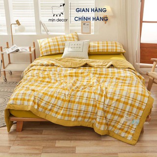 Bộ chăn ga gối kẻ MỊN DECOR cotton đũi mềm mại thoáng mát