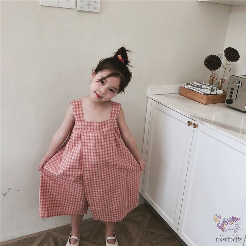 Bộ Áo Liền Quần Họa Tiết Sọc Caro Phong Cách Hàn Quốc Cho Bé Gái