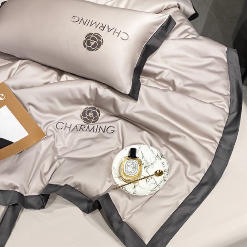 Bộ chăn ga gối phi lụa CHARMING óng mịn cao cấp , Ga giường vỏ gối chăn hè phi lụa chât liệu mềm mịn thoáng mát mới 2022