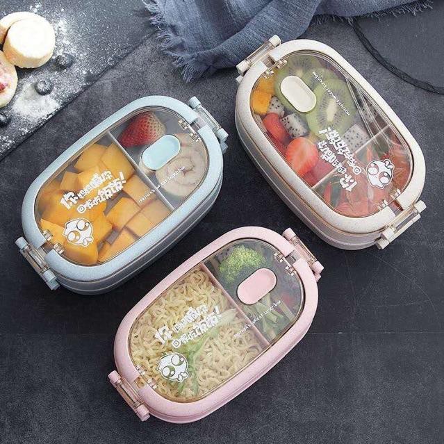 HỘP CƠM LÚA MẠCH CHỮ NHẬT 2 TẦNG KÈM THÌA DĨA ĐŨA - HV Store 979
