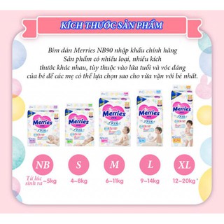 Bỉm dán Merries size NB/S/M/L 90/82/64/54 miếng