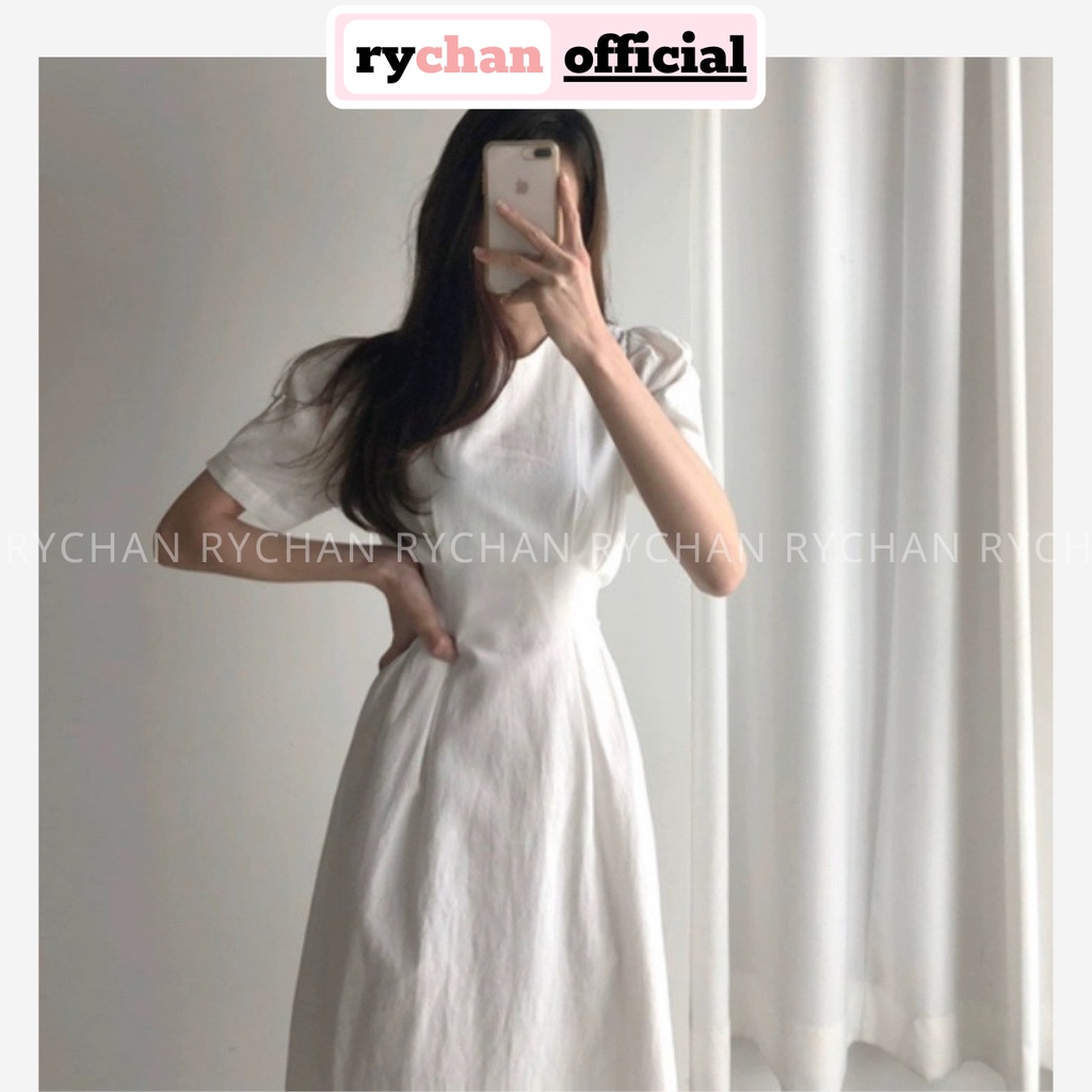 Đầm Xòe Midi Tay Phồng Cột Eo 2 Màu Đơn Giản - DX0069