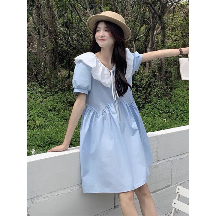 Váy Babydoll tiểu thư cổ bèo trắng, tay phồng xinh xắn - Ngọc Diệp Fashion