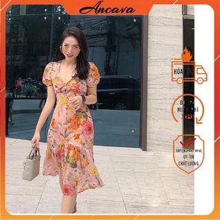 Váy hoa đuôi cá 2 lớp - cúc bọc cổ v