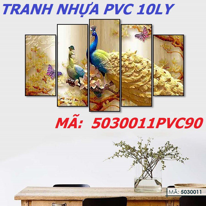 5030011FO90 Bộ 5 Tấm Tranh ghép treo tường Phong Thủy Hoa Mẫu Đơn Chim Công Khổng Tước trang trí phòng khách phòng ngủ