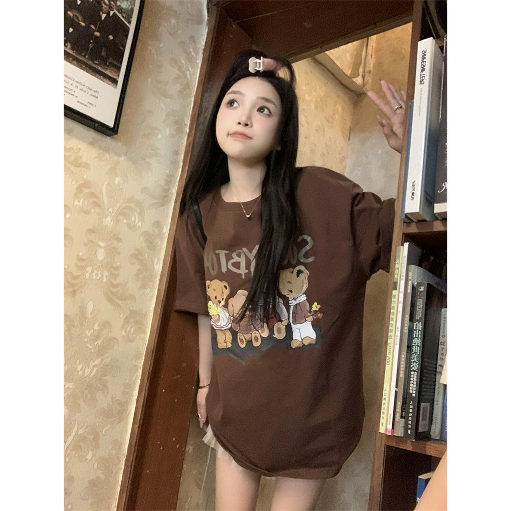 ZHELIHANGFEI Áo Thun Tay Ngắn Cổ Tròn Dáng Rộng In Họa Tiết 3 Màu Thời Trang Hàn Quốc Cho Nữ