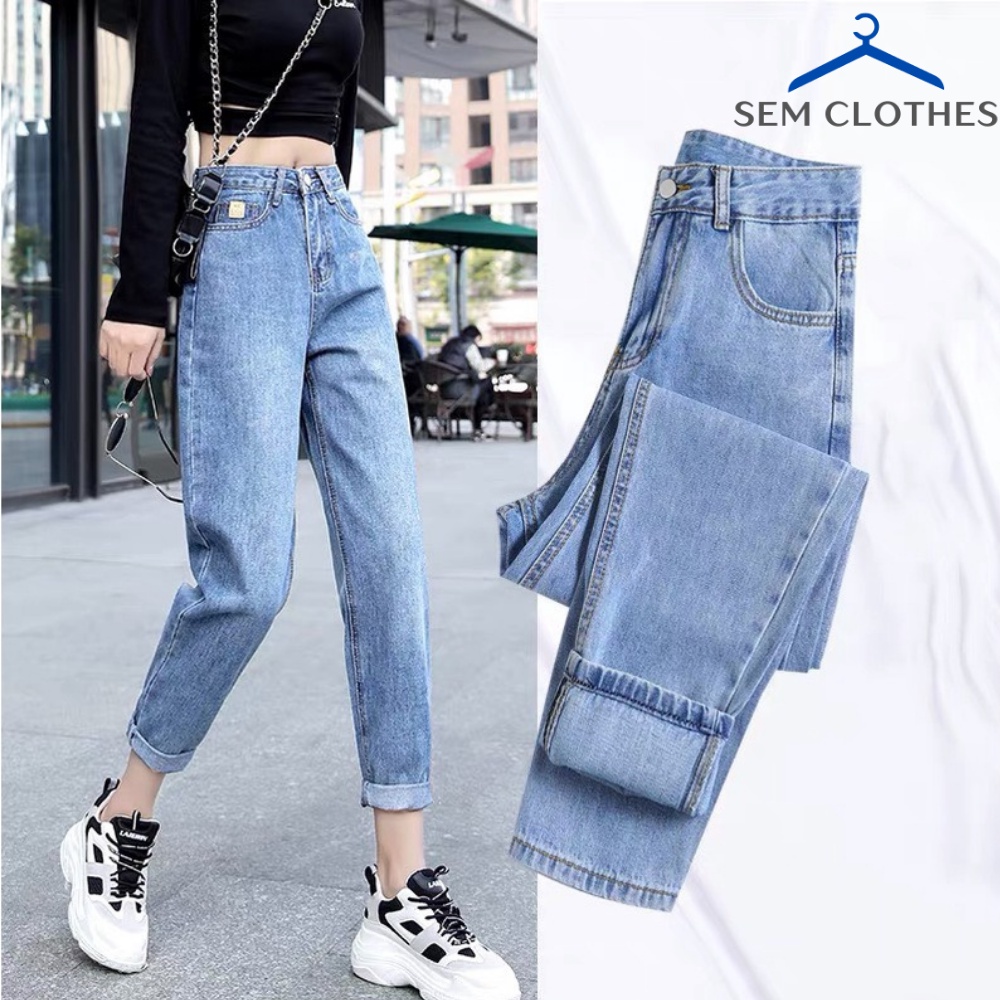 Quần jean nữ baggy lưng cao xanh nhạt ống suông nam nữ unisex Q04 SEM CLOTHES | WebRaoVat - webraovat.net.vn