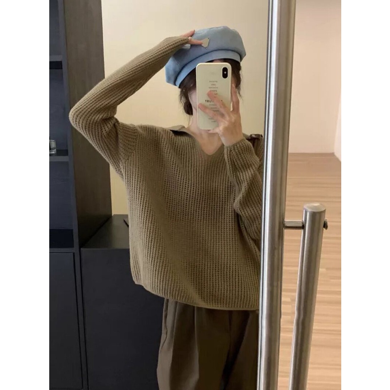 Áo len ZHELIHANGFEI dáng rộng tay dài cổ V phong cách retro