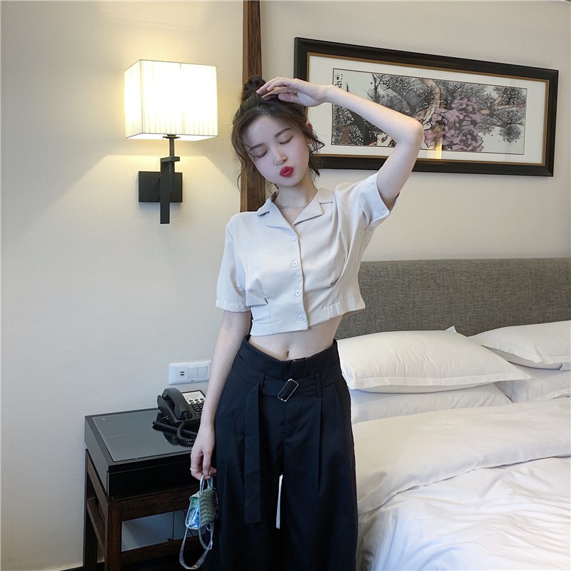 Cocory vn Áo kiểu croptop tay ngắn màu trơn phong cách Hàn Quốc thời trang dành cho nữ