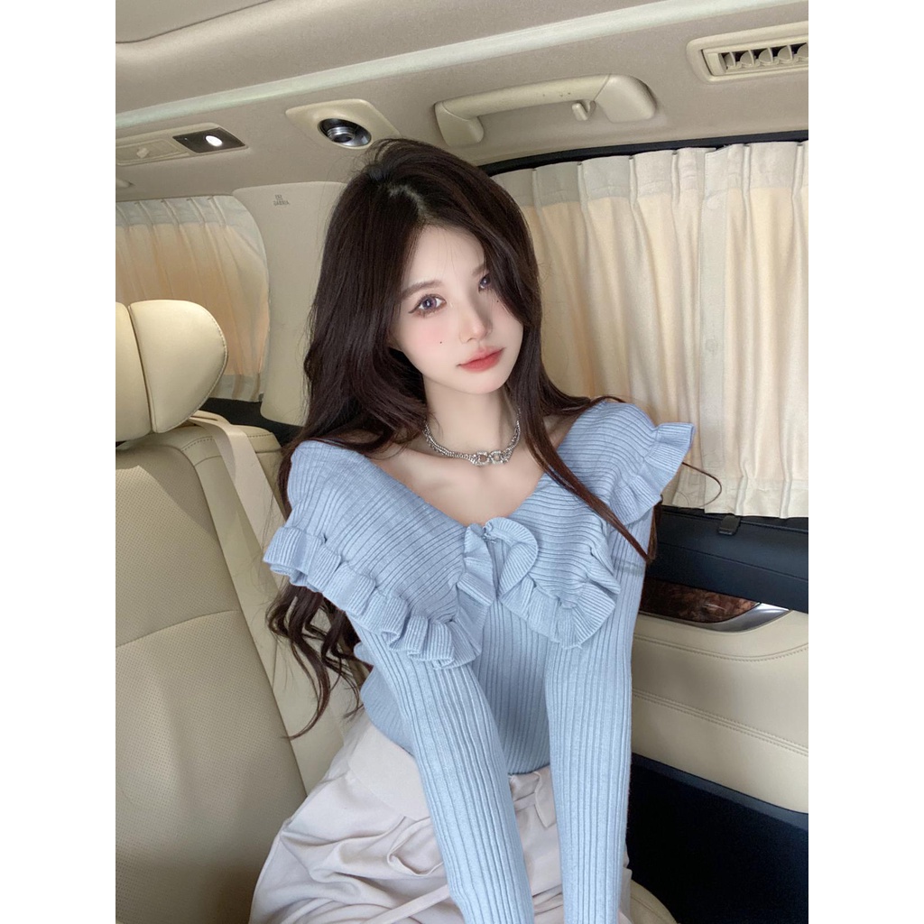 HUANG YOYO Áo dệt kim tay dài cổ búp bê màu trơn thời trang Hàn Quốc cho nữ